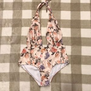 NWOT Vintage Cream Floral Backless Halter Swimsuit